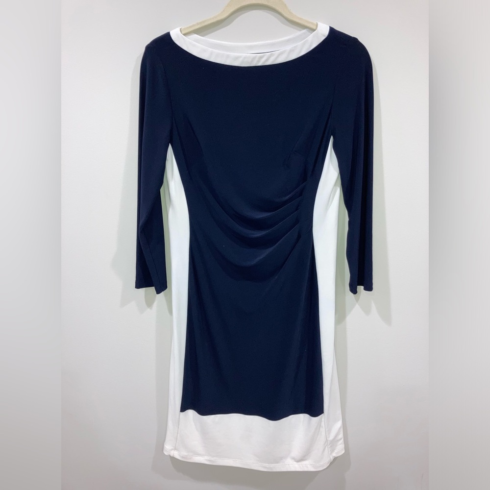 Chaps Sliming Form-Fitted Dress Medium Dark Navy Blue and White
